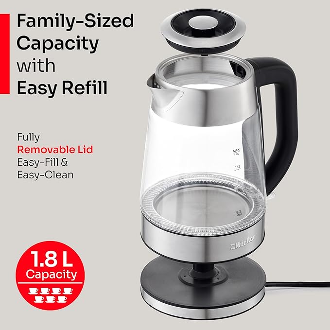 Mueller Rapid Boil Electric Tea Kettle 1.8L – Borosilicate Glass & Stainless Steel – BPA-Free Hot Water Boiler, LED Light, Auto Shut-Off, Boil Dry Protection Fast Water Heater – Kitchen Appliances