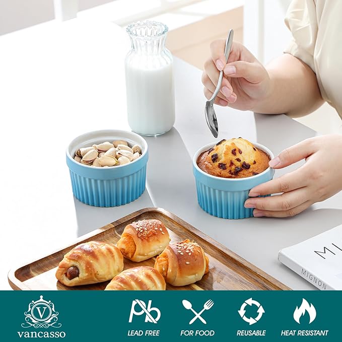 vancasso 6 oz Ramekins with Lid, Porcelain Creme Brulee Souffle Dishes, Blue Pudding Custard Cups Ramiken for Baking, Dishwasher and Oven Safe, Set of 6