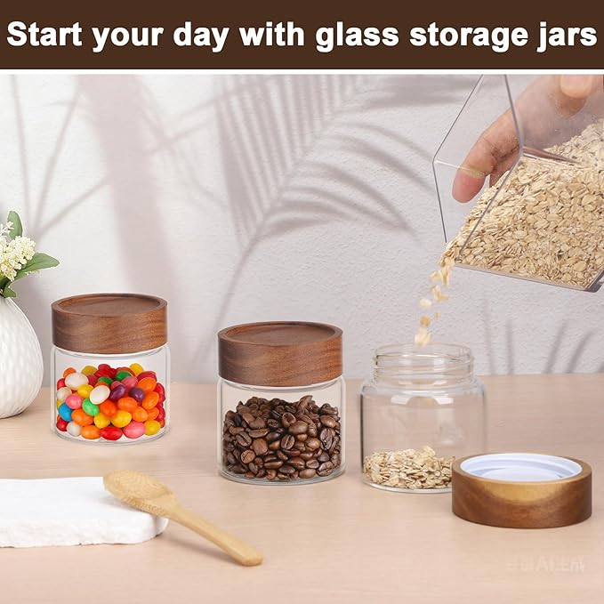 Glass Jars with Airtight Lid, 2 Pack 8oz 240ml Glass Storage Jars with Wood Lids, Screw Top Wide Mouth Kitchen Canister, Sugar and Coffee Containers for Tea, Spice, Candy, Oatmeal, Bean, Herb
