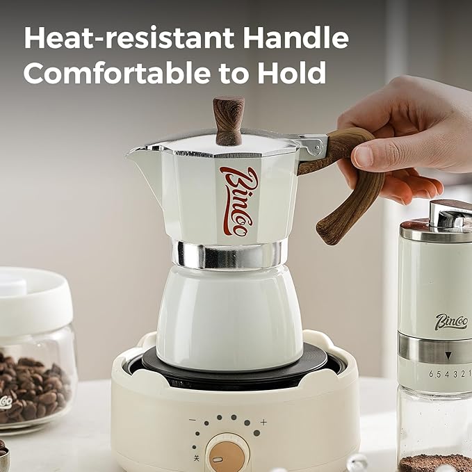 Bincoo Espresso Maker Stovetop, Moka Pot 3 Cups, Espresso Pot Classic Italian Coffee Maker,Single Safety Valve (White, 3 Cup)