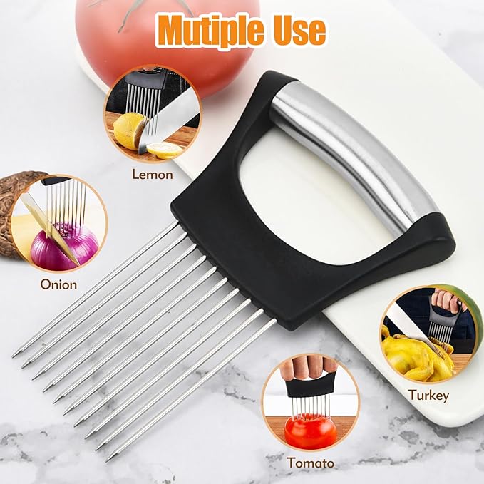 Onion Holder for Slicing - Stainless Steel Onion Slicer & Vegetable Holder Cutting Tool for Onions, Tomatoes, Avocados, Eggs, Lemon, Potatos | Multi-Use Kitchen Utensil