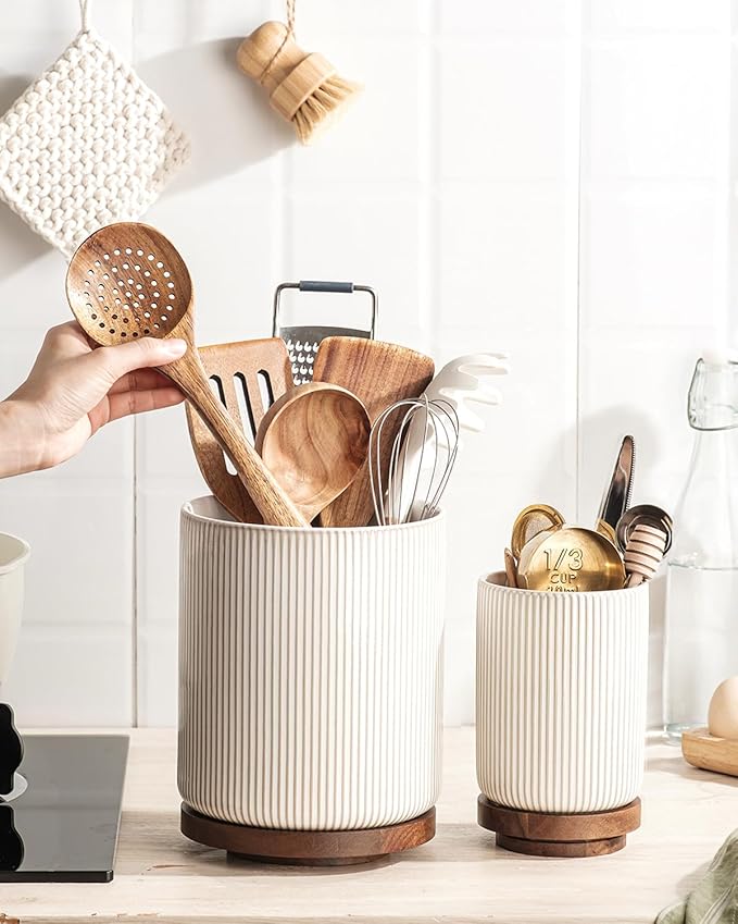getstar Large Rotating Utensil Holder for Kitchen Counter,7.9"+6" Ceramic Utensils Crocks Set for Countertop Large & Small Utensil Organizer for Spatula Farmhouse Kitchen Decor