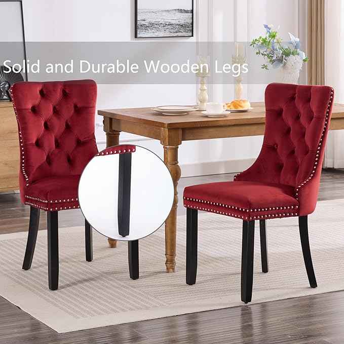Velvet Dining Chairs Set of 2, Upholstered Dining Room Chairs with Back Ring Pull Trim and Solid Wood Legs,Tufted Wingback Kitchen Chairs for Dining Room,Kitchen(Wine Red)