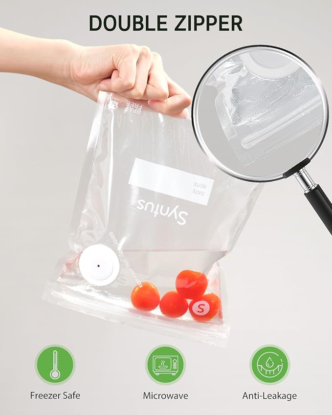 Syntus Vacuum Sealer Bags for Food, 60 Pcs (S+M+L) 8" x 10" and 10" x 13.8" and 11.8" x 13.8" Food Storage Bags for Sous Vide Cooking Microwave Heating, Air Valve Zipper Bags