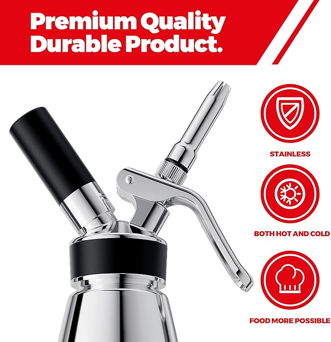 Whipped Cream Dispenser Stainless Steel Keep Warm and Cold,500mL/1 Pint Double Wall Thermos Whipped Cream Maker,5 Various Stainless Decorating Nozzles,1 Cleaning Brush,N2O Chargers NOT Included