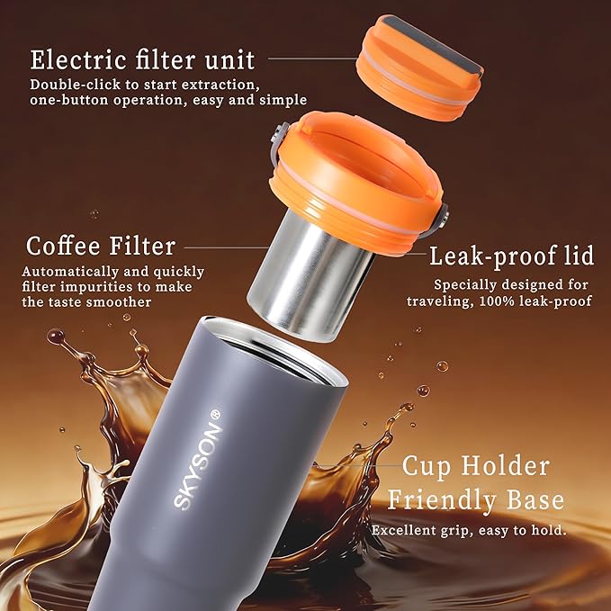 minkah Fast Extraction Mini Electric Coffee Maker - Portable Filter Coffee Brewer for Travel,Insulated Stainless Steel Tumbler,30 oz Reusable Iced Coffee Cup Machine,Hot Coffee Mug with Lid (White)