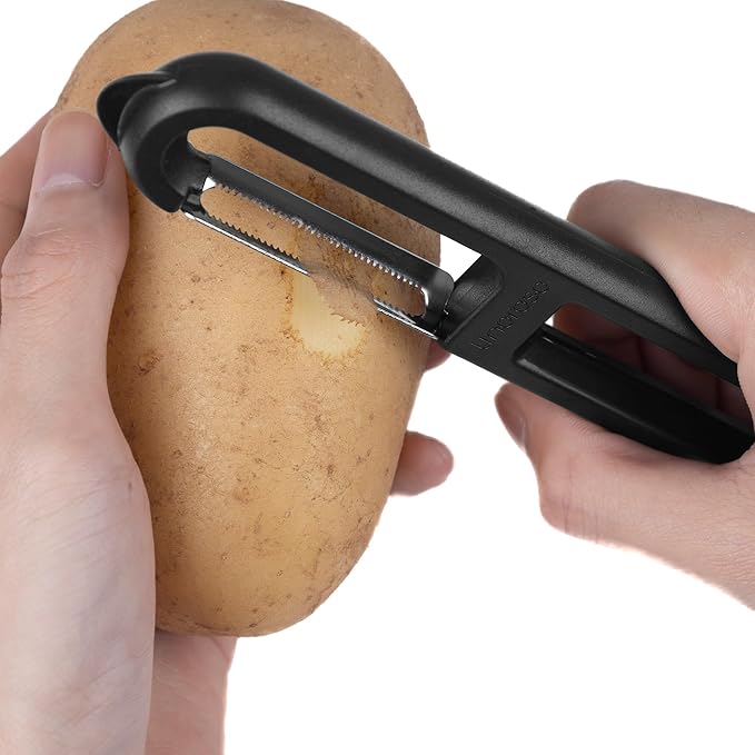 Linoroso 3 Pieces Vegetable Peeler Set with Straight Peeler, Serrated Peeler and Julienne Y-Peeler, Dishwasher Safe Classic Fruit Peeler for Kitchen, Potato Peelers for Peeling veggie and Food, Black