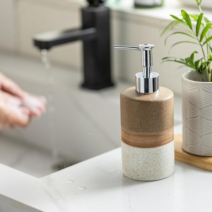 Ceramic Soap Dispenser Set for Hand Soap, Shampoo, Dish Soap, Conditioner, Includes Stainless Steel Pump and Silicone Funnel, 12 Oz, Modern Kitchen Decor