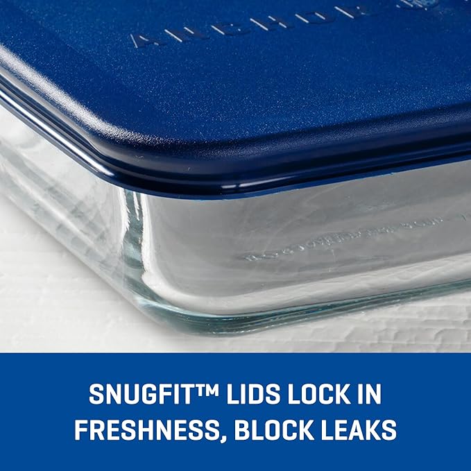 Anchor Hocking SnugFitTM Rectangular Food Storage Containers with Lids (4-Piece, 6-cup, Navy Blue, oven-safe)