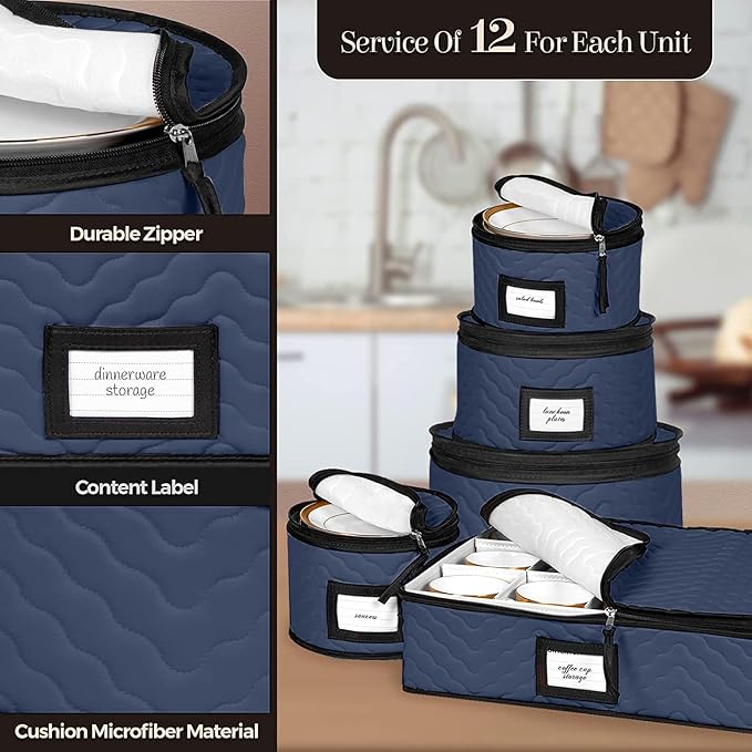 China Storage Containers 5-Piece Set Moving Boxes for Dinnerware, Glasses, Plates, Mugs and Saucers Sturdy Quilted Microfiber Dish Organizer with Dividers for Seasonal Storage - Holds Set of 12, blue