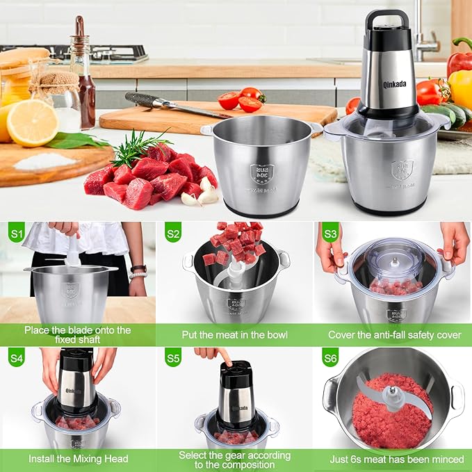 Qinkada Food Processor, 2 Stainless Steel Bowls, 14Cup, 500W Powerful Electric Meat Grinder, 3 Speed Modes 4 Bi-Level Blades for Onion, Meat, Nuts, Fruit, Garlic, Vegetable, Baby Food