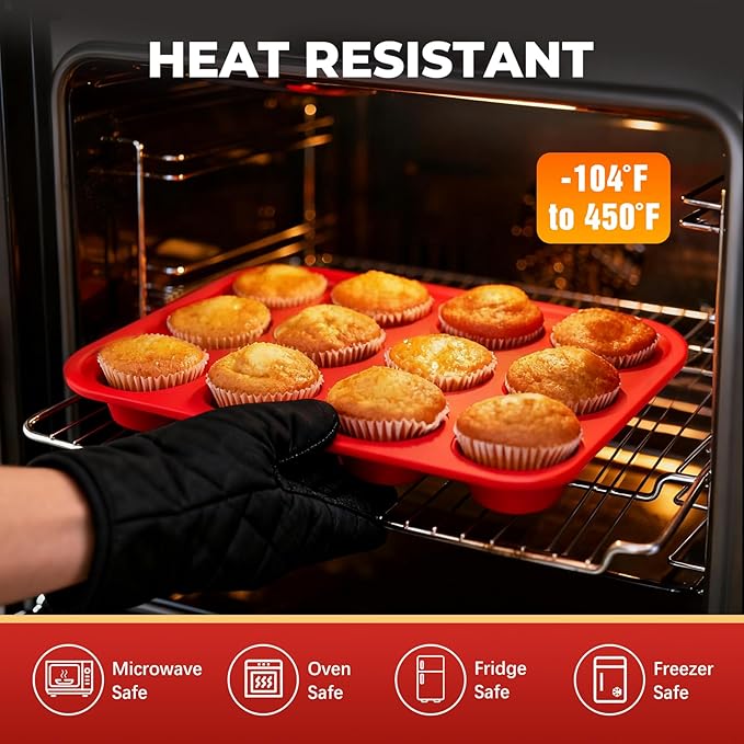 Silicone Muffin Pan for Baking: 12 Cup Muffin Pan with Metal Reinforced Frame, Regular Size Cupcake Egg Bites Molds for Baking, BPA Free Silicone Muffin Tray, Dishwasher Safe (1 Pack, Red)