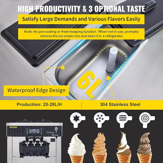 VEVOR Commercial Ice Cream Machine 5.3 to 7.4Gal per Hour Soft Serve with LED Display Auto Clean 3 Flavors Perfect for Restaurants Snack Bar, 2200W, Sliver