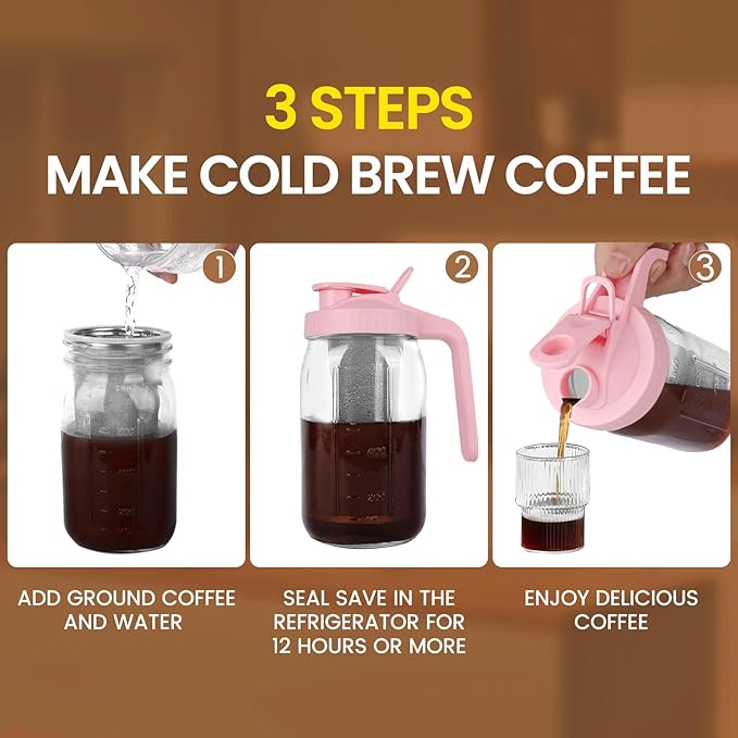 Cold Brew Coffee Maker,32 oz Mason Jar Pitcher with Stainless Steel Filter, Pour Spout Handle Lid, Heavy Duty Glass Airtight & Leak-Proof for Iced Coffee Tea Breastmilk Lemonade-Pink