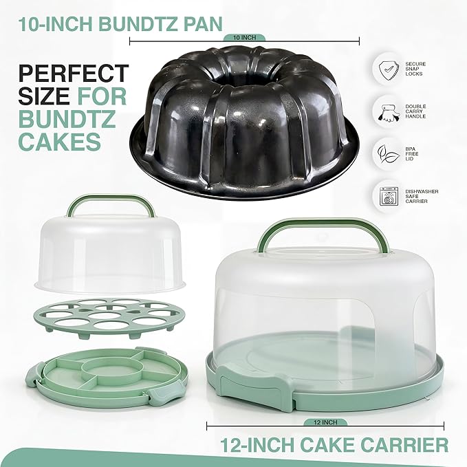10 inch Buntz Cake Pan Non stick with 12in Cake Carrier for Easy Transportation - Premium Fluted Cake Pans For Oven, Cake Mold, Moldes para Gelatinas