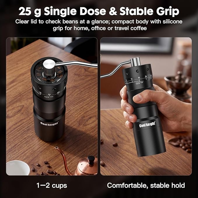 COOL KNIGHT Manual Coffee Grinder, 7-Edge SUS420 Stainless Steel Conical Burr, 72-Click External Adjustment, 25g Capacity, Aluminum Body, Walnut Handle, Magnetic Catch Cup for Espresso & Pour Over