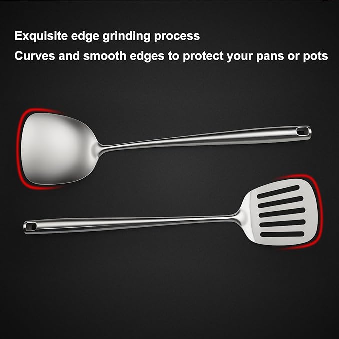 18/10 Stainless Steel Kitchen Utensils Set,9 Pcs Professional All Metal Cooking Utensils Set with Wok Spatula,Soup Ladle,Skimmer,Slotted Spatula Turner,Spaghetti Spoon,Large Spoon(Dishwasher Safe)