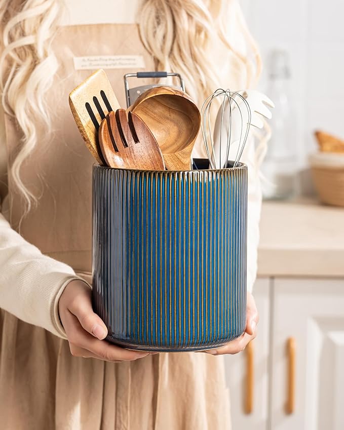 getstar Large Utensil Holder for Kitchen Counter,7.2" Vintage Ceramic Utensils Crocks Utensil Organizer for Spatula Farmhouse Kitchen Decor