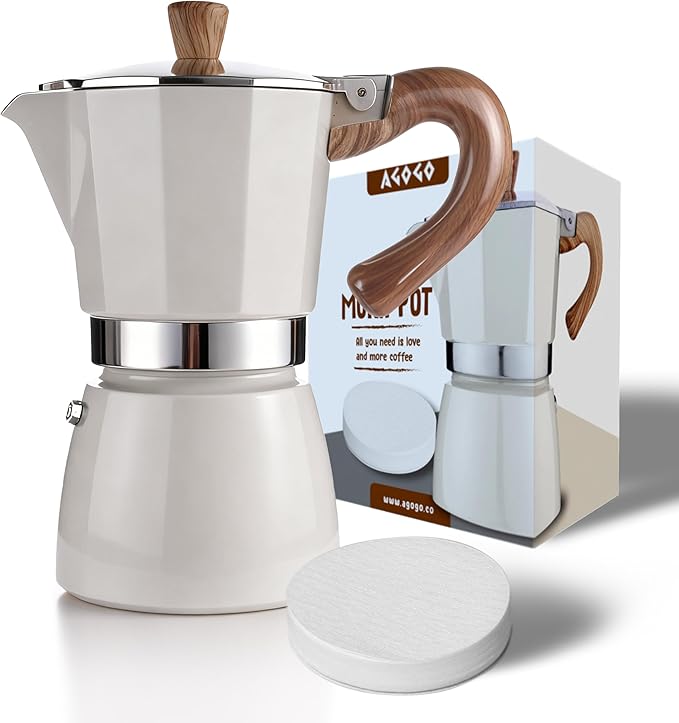AGOGO Milano Moka Pot Stovetop Espresso Maker with 100 Paper Filters for Sediment-Free Coffee, Classic Italian Greca with Wood-Grain Handle,Cleaning Brush & Towel 6 Cup (10oz / 300ml) Cream