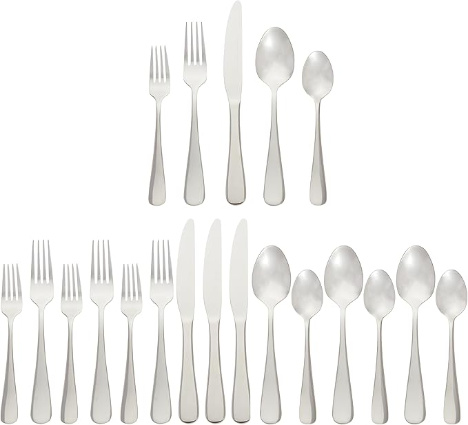 Amazon Basics Silverware Set, Stainless Steel Flatware, Dishwasher Safe, Service for 4, 20-Piece Forks and Spoons, Round Edge, Everyday Use