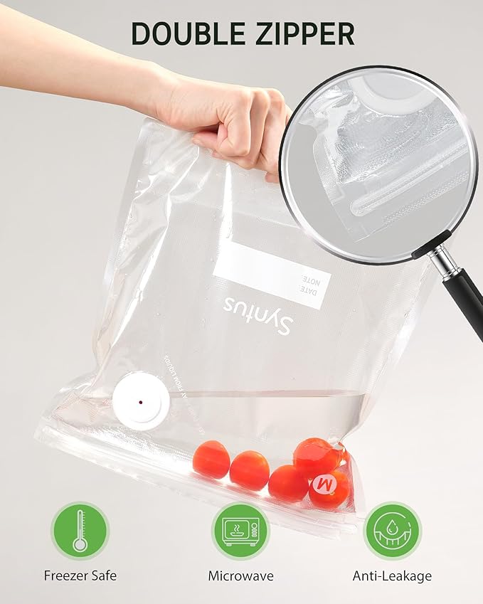 Syntus Vacuum Sealer Bags for Food, 10 Pcs Medium Size 10" x 13.8" Food Storage Bags for Sous Vide Cooking Microwave Heating, Air Valve Zipper Bags & Zip Clips