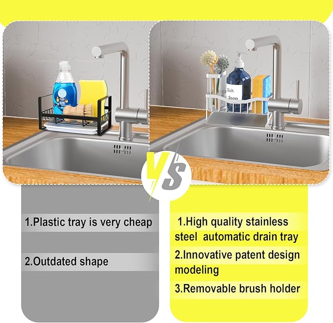 Maifan Sink Caddy Sponge Holder for Kitchen with Brush Holder and Stainless Steel Self Drain Tray, Rustproof Kitchen Sink Organizer for Sponge, Soap Dispenser Storage Accessories (Lacquer Silver) | Sponge Holder, Brush Holder, Self Drain Tray, Rustproo...