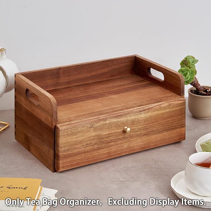 SARUFO Acacia Wood Tea Bag Organizer with Drawer - Tea Station Chest and Storage Box, Coffee and Teabag Holder with 8 Compartments, Containers and Boxes for Countertop Display