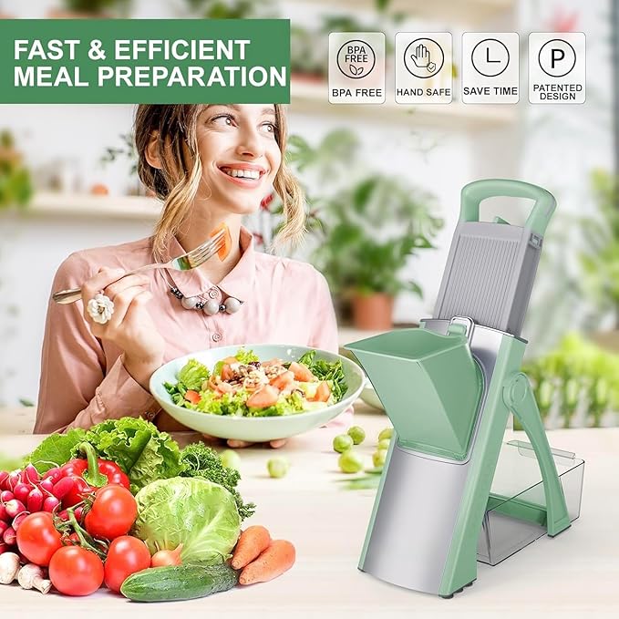 New Upgrade Safe Mandoline Slicer Plus, Biger Size, Adjustable Vegetable Food Chopper Potato Fries Cutter, Detachable Blade, Kitchen Chopping Artifact with Container. Green