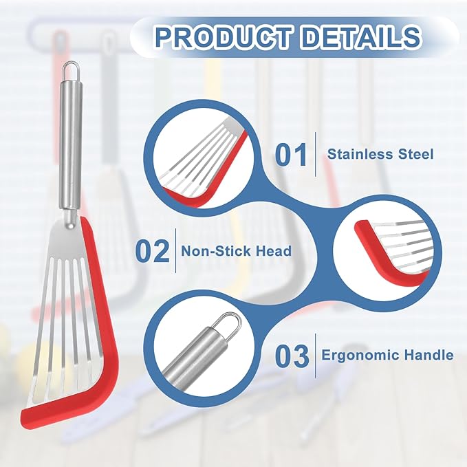 uxcell Stainless Steel Fish Spatulas with Handle Kitchen Cooking Spatula for Egg, Fish, Pancake Red