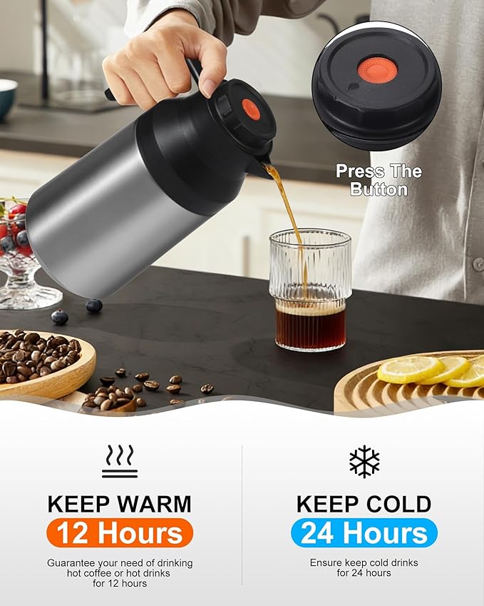 2 PCS Thermal Coffee Carafe Insulated Stainless Steel Coffee Carafe for Hot Liquid Vacuum Thermal Pot Creamer Pitcher Dispenser with Brushes Keeping Hot Water Milk(Black/Silver 68 oz)