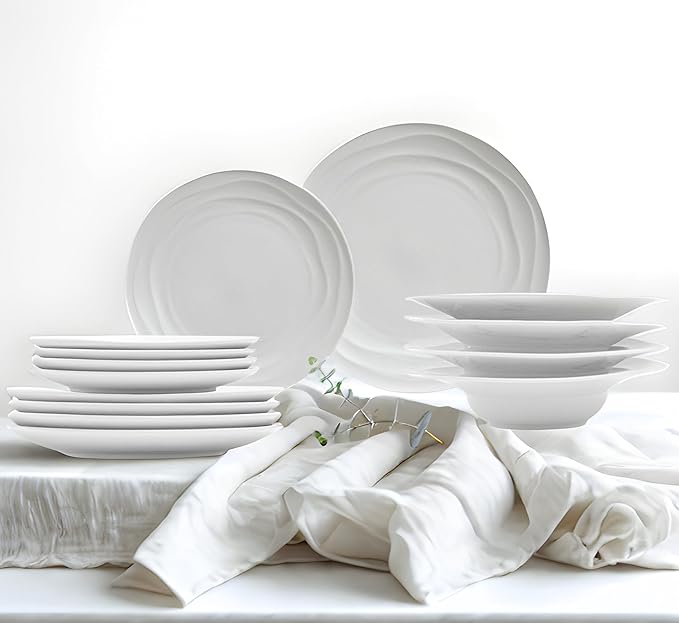 Pots & Patterns White Dinner Plates. Porcelain Dinnerware Set for 4-12-Piece Chip Resistant Plates and Bowls Sets