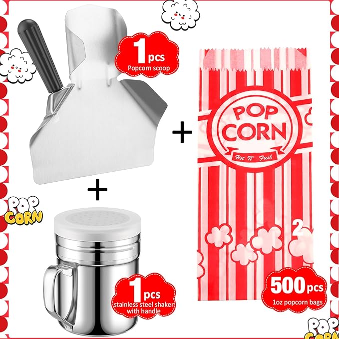 Potchen 502 Pieces Popcorn Machine Supplies Set Includes 500 Pcs 1oz Red and White Popcorn Bags Bundle Scoop and Stainless Steel Seasoning Dredge Salt Shaker for Party Movie Night Theater(Classic)