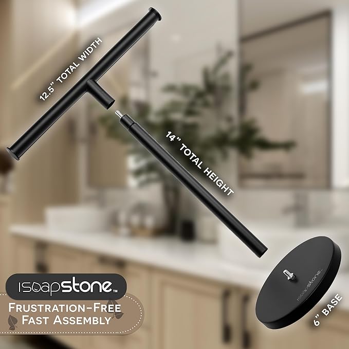 Luxury Hand Towel Holder Stand with Heavy Weighted Base, Matte Black Towel Rack, T-Shape, Freestanding Towel Stand for Bathroom Vanity or Kitchen Countertop, Waterproof Counter Organizer