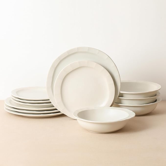 Stone Lain Oasis 24-Piece Dinnerware Set Stoneware, Dishwasher and Microwave Safe Plates and Bowls Set, Dish Set for 8, White