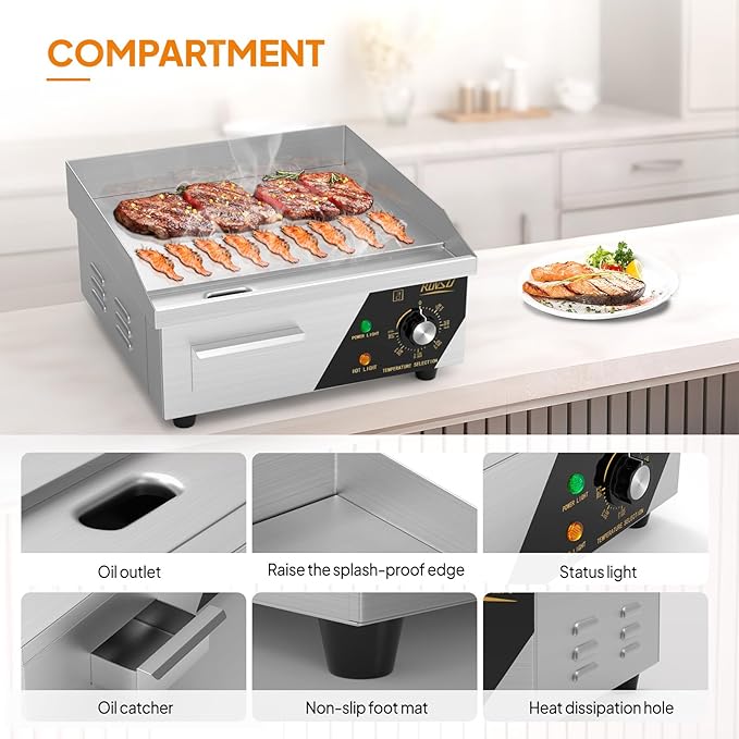 Bonnlo 14 Inch 1500W Commercial Griddle with Stainless Steel Countertop, Flat Griddle, 122-572℉ Adjustable Temp Control of Electric Flat Top Grill for Cheese 、Steak and Egg Indoor and Restaurant