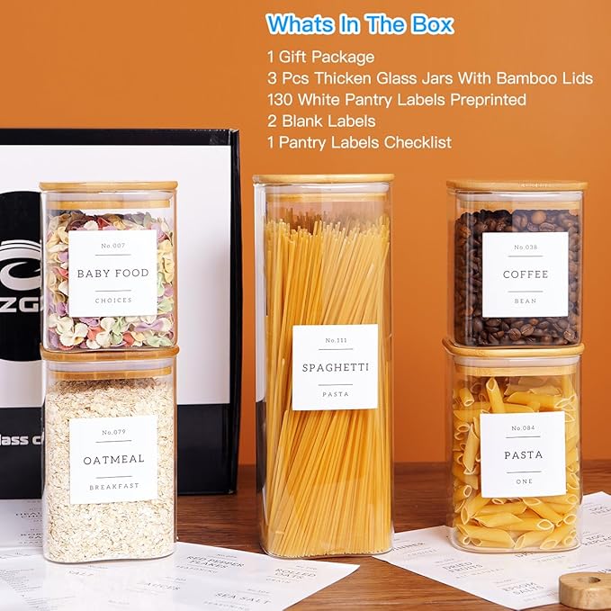 CZZGSM 5 Pack Square Glass Pantry Storage Containers with 132 Kitchen Food Pantry Labels - Clear Glass Jars with Airtight Wood Bamboo Lids - Glass Canisters for Cookies, Nuts, Cereal