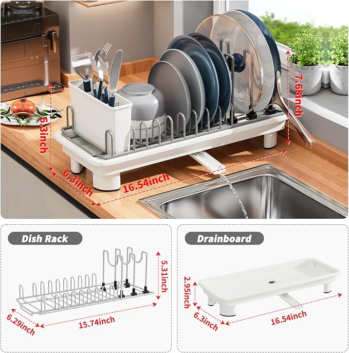 SanDream Small Dish Drying Rack with Removable Utensil Holder & Anti-Scratch Base - Stainless Steel Dish Rack, Dish Drying Rack with Drainage & Space Saving Design for Kitchen Counter, White