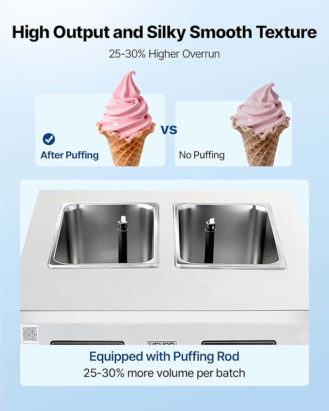 VEVOR Commercial Ice Cream Machine, 34-44L/H Yield, Dual-Compressor Freestanding Soft Serve Ice Cream Maker with 2 * 10L Hoppers & 3 Flavors, Pre-Cooling Puffing Low-Mix Alert for Snack Dessert Shops