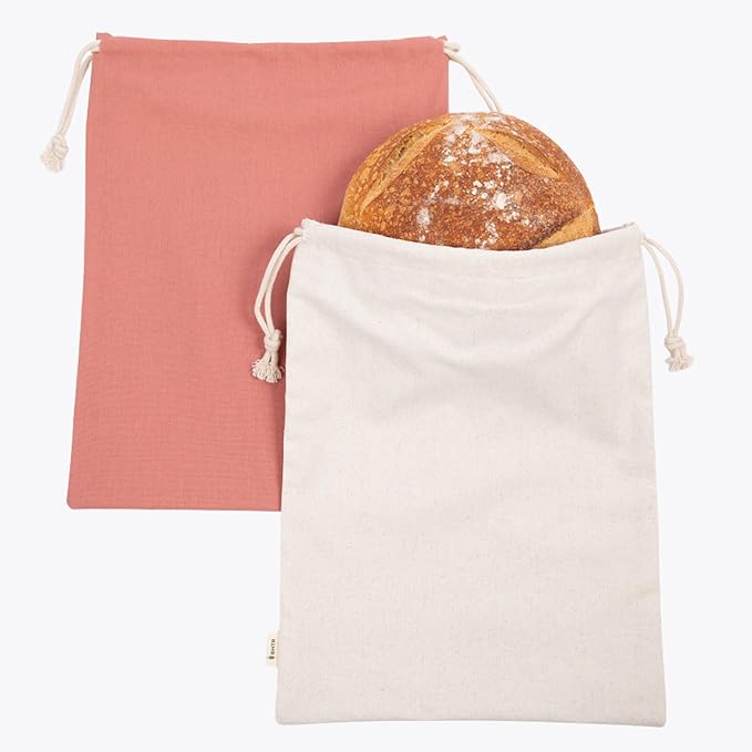 Sourdough Bread Bags for Homemade Bread, 2 Pack, Reusable Cotton Linen, Machine Washable, Freezer Safe - BPA-Free TPU Liner, Fits 2 Loaves Each, Beeswax Wrap Alternative, Drawstring Closure