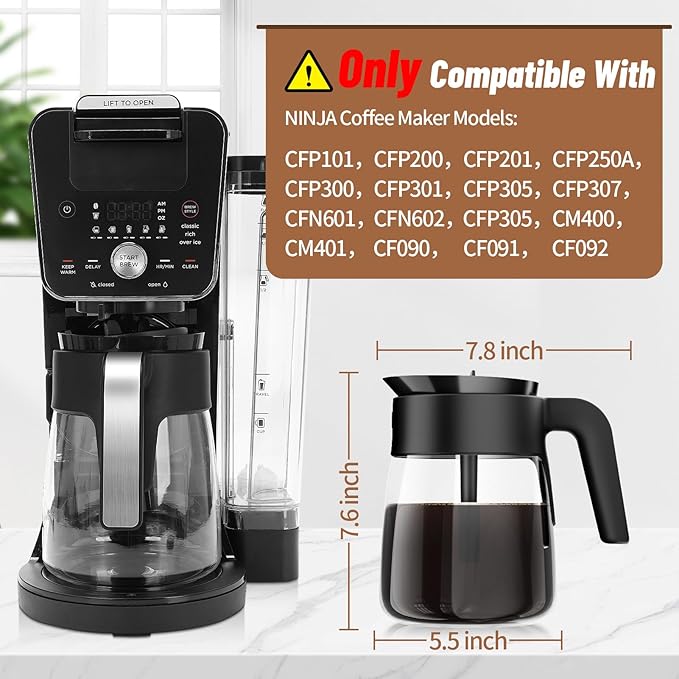 12 Cup Coffee Pot Replacement for Ninja Coffee Maker CFP101 CFP201 CFP301 CFN601 CFP250A CFP300 CFP307, Glass Carafe Replacement with Brew-Through Lid, Ninja Coffee Pot Replacement with Sturdy Handle