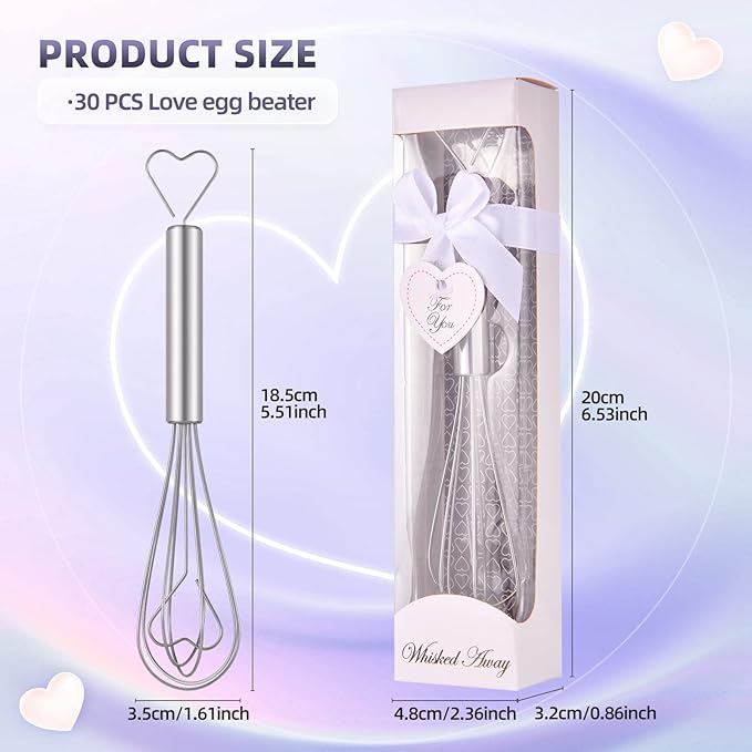 30Pcs Heart Shaped Egg Beater Stainless Steel Mini Manual Eggs Whisk Bulk with Individual Package, Wedding Bridal Engagement Party Return Gift Baby Shower Favors Souvenirs for Guests