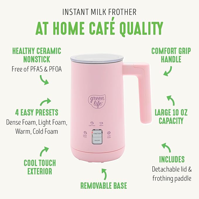 GreenLife Ceramic Electric Milk Frother, 10oz, 4-in-1, Auto Hot and Cold Foam, Dense and Light Foam, PFAS Free, Cordless Milk Warmer and Steamer for Latte, Coffee, Pink