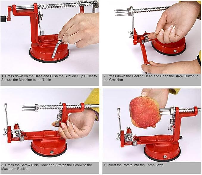 Apple Peeler Set, Stainless Steel Apple Peeler Slicer Corer, 3 in 1 Peel the Fruit, Slice it and Small Pieces with Suction Cup Base (Red)