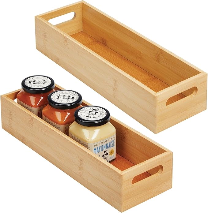 mDesign Set of 2 Kitchen Storage Box – Open-Top Bamboo Storage Tray with Handles – Ideal for Use as a Cupboard Organiser or on The Shelf – Natural