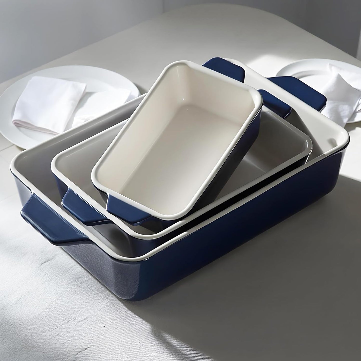 Kook Casserole Dish, Ceramic Baking Dish, Large Lasagna Pan Deep for Oven, 8.5 x 14, 11 x 7, 8 x 5, Set of 3, 92oz, 50oz, 20oz, Baking Pan with Handles, Oven Safe and Durable, Home, Gift, (Navy)