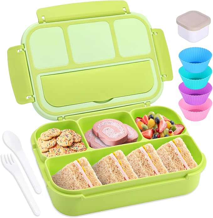 shell and turtle Bento Box Adult Lunch Box, Lunch Containers for Kids Girls Boys with 4 Compartments, Lunchable Food Container with Utensils, Sauce Jar, Muffin Liners, 40 Oz/5 Cup, Bright Green