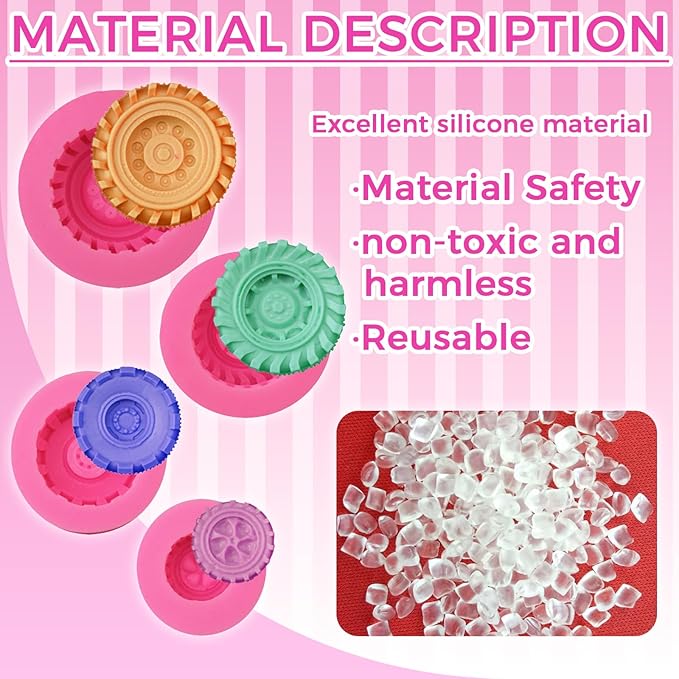 4 Pcs Fondant Molds, 3D Wheel Tire Mold Silicone Set for Cake Decorating, Realistic Tire Chocolate Candy Molds for Cupcake Topper, Polymer Clay, Baking & DIY Crafts