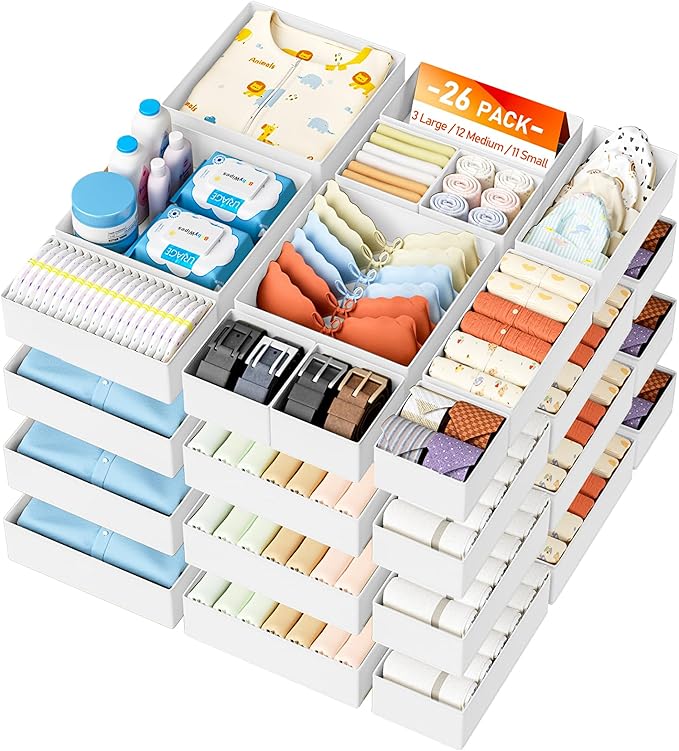 DIMJ Drawer Organizer Clothes- 26 Pack Baby Dresser Organizer for Nursery, Small Fabric Closet Drawer Organizer Bins for Underwears Socks, Foldable Storage Dividers Organization for Bedroom