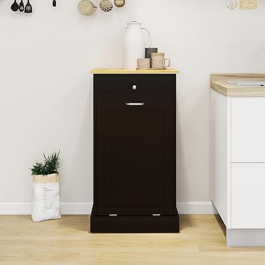 Wooden Simple Style Kitchen Cabinet, Wooden Frame with Drawers and Tilt-Out Trash Cabinet for 10 Gallon Trash Cans - 19.69'' W x 13.78'' D x 35.43'' H (Black-021)