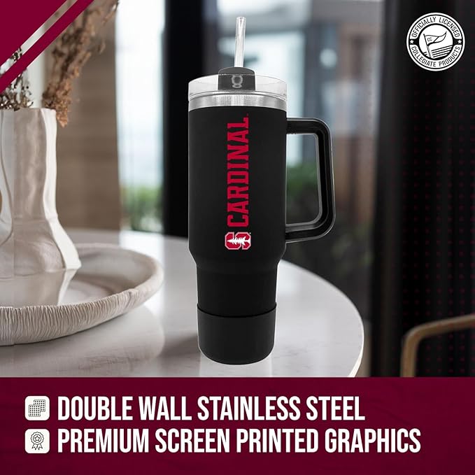 Campus Colors College & University 40 oz Travel Tumbler With Handle - Dual Option Lid With Straw - Vacuum Insulated Stainless Steel (Stanford Cardinal - Black)
